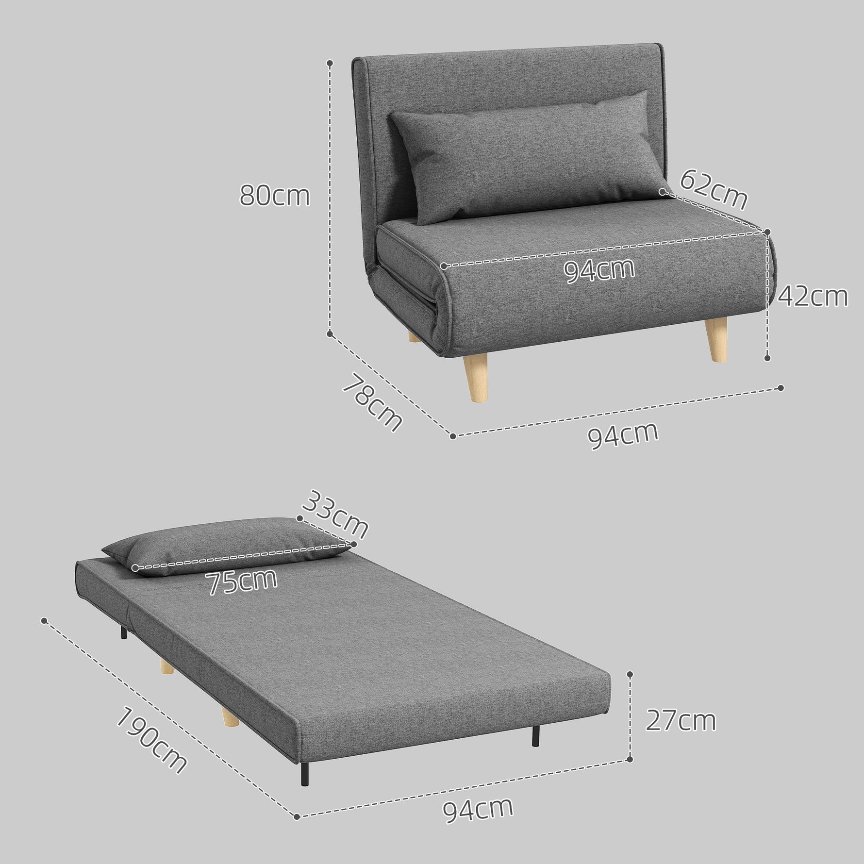 Fauteuil convertible 1 place, fauteuil-lit chauffeuse 3 en 1, dossier réglable, oreiller, tissu en lin, 94x78x80cm, gris
