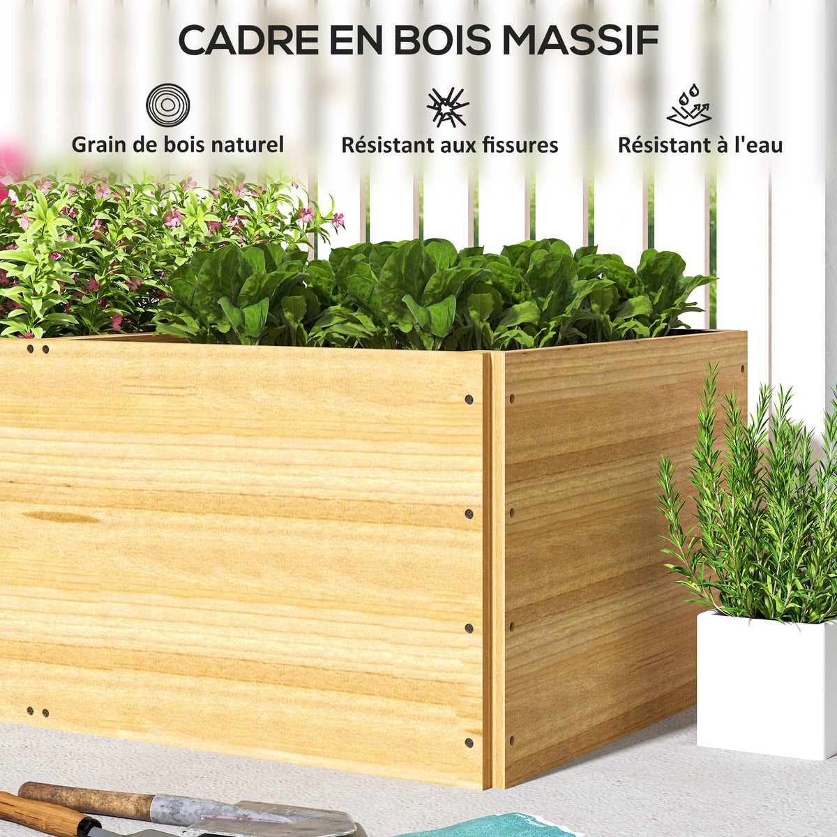 Jardinière extérieur, carré potager en bois, 3 compartiments de plantation et doublure inclus, 140x60x40cm, naturel