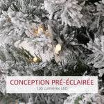 Sapin de Noël artificiel 150 cm avec éclairage LED blanc chaud, 263 branches enneigées, base en métal, réaliste et fin