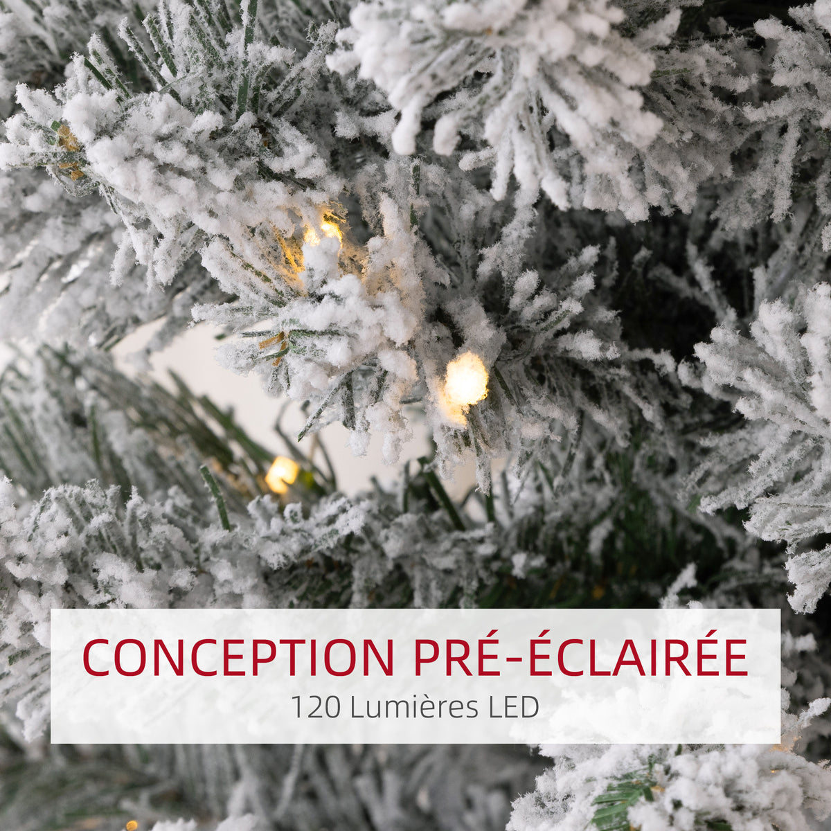 Sapin de Noël artificiel 150 cm avec éclairage LED blanc chaud, 263 branches enneigées, base en métal, réaliste et fin