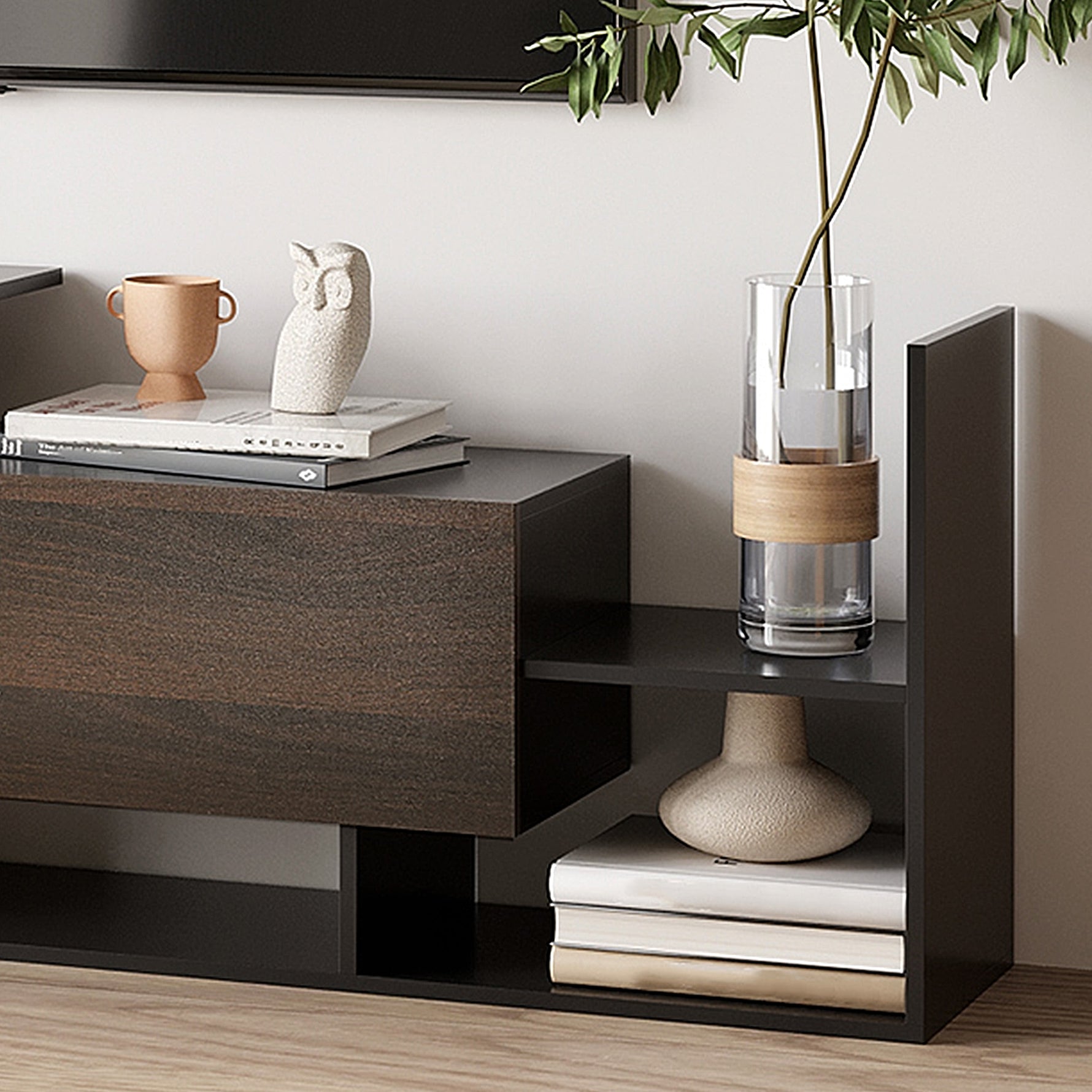 Ensemble meuble TV avec banc et étagère murale style contemporain 153,6L cm - noir