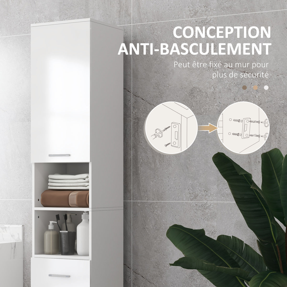 Meuble colonne salle de bain avec étagères réglables et compartiments ouverts, 30x30x180cm, blanc brillant