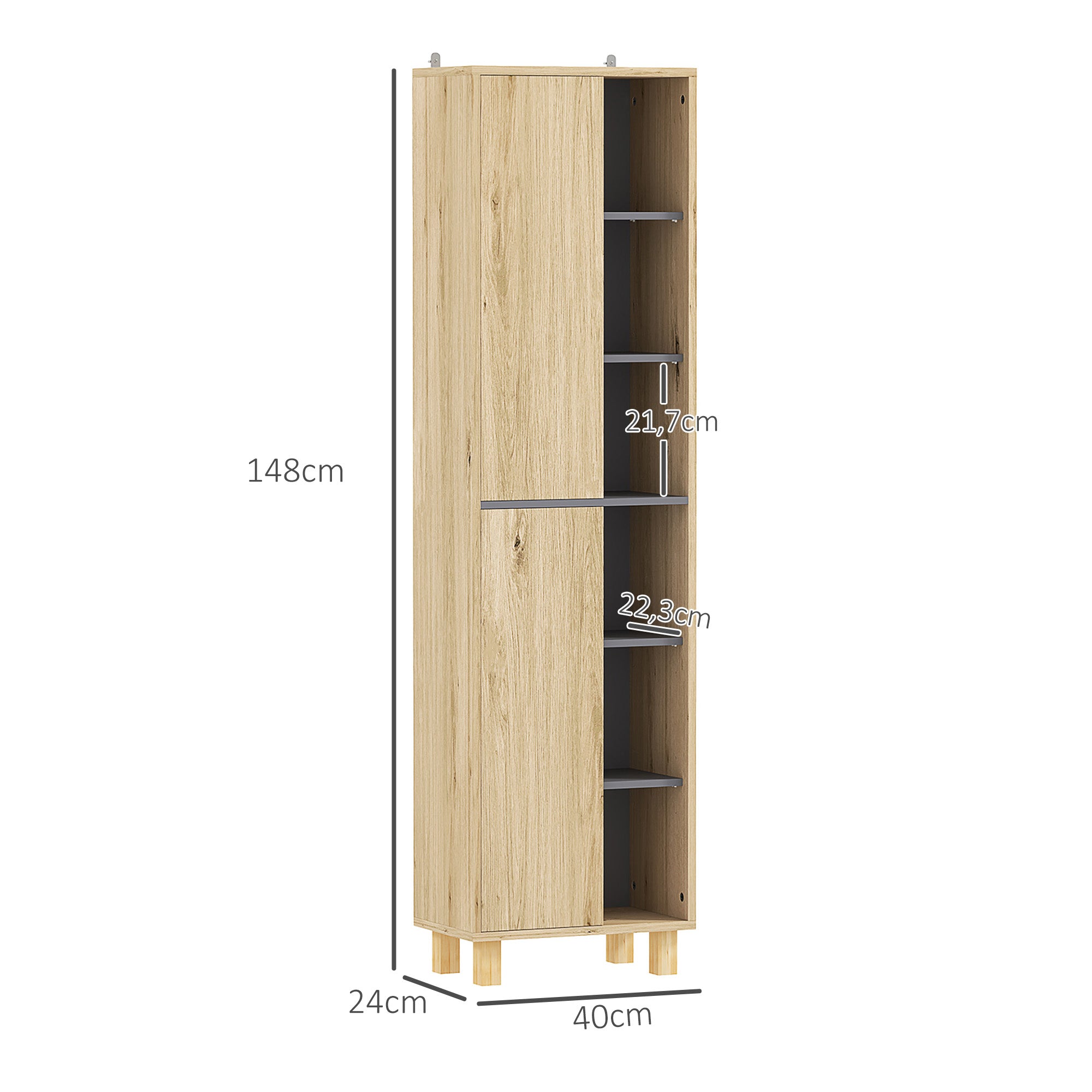 Meuble colonne salle de bain, armoire de salle de bain avec 6 compartiments ouverts et 2 placards, bois naturel