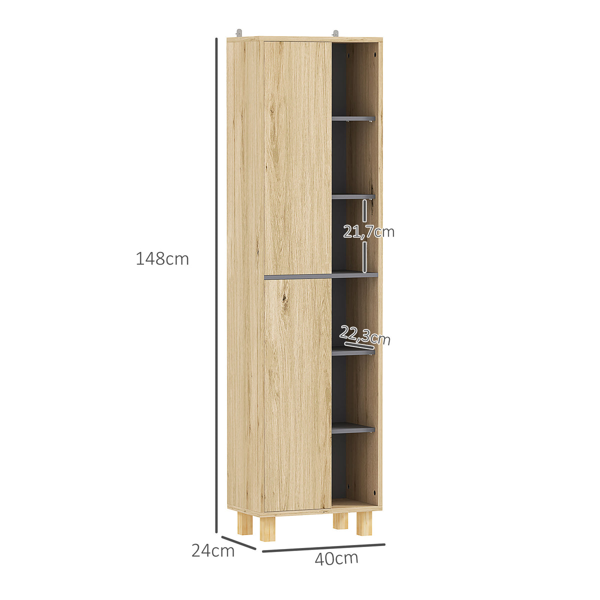 Meuble colonne salle de bain, armoire de salle de bain avec 6 compartiments ouverts et 2 placards, bois naturel