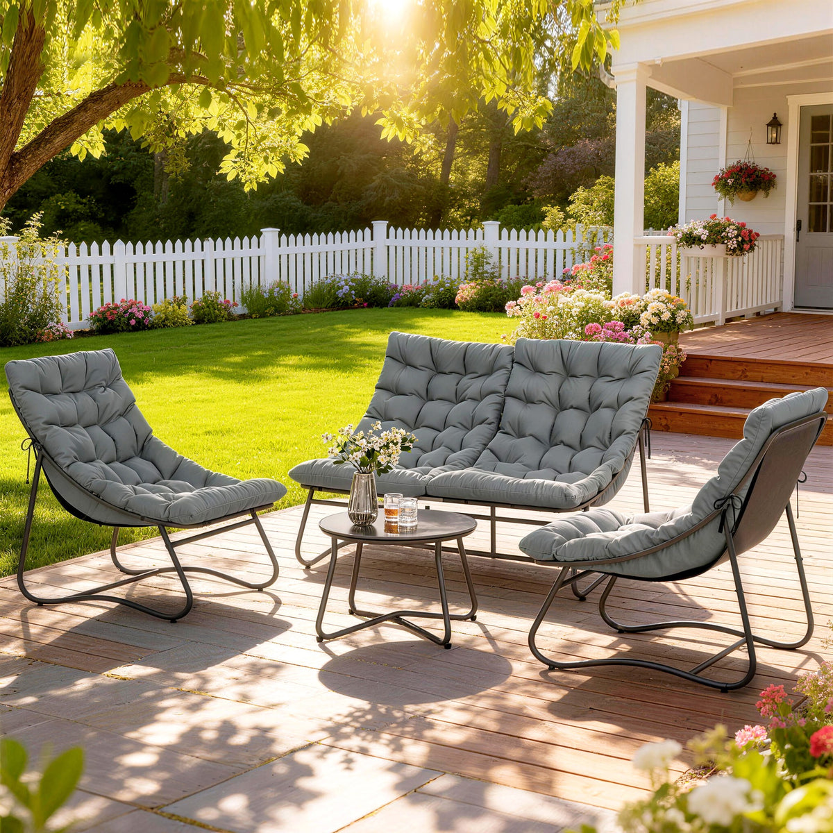 Salon de Jardin 4 Pièces avec Coussins Épais 8cm Ensemble Mobilier Extérieur en Acier et Textilène Respirant Gris