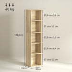 Bibliothèque étagère de rangement 5 niveaux avec étagères réglables pour salon, chambre, bureau, 30x24x133,5cm, naturel