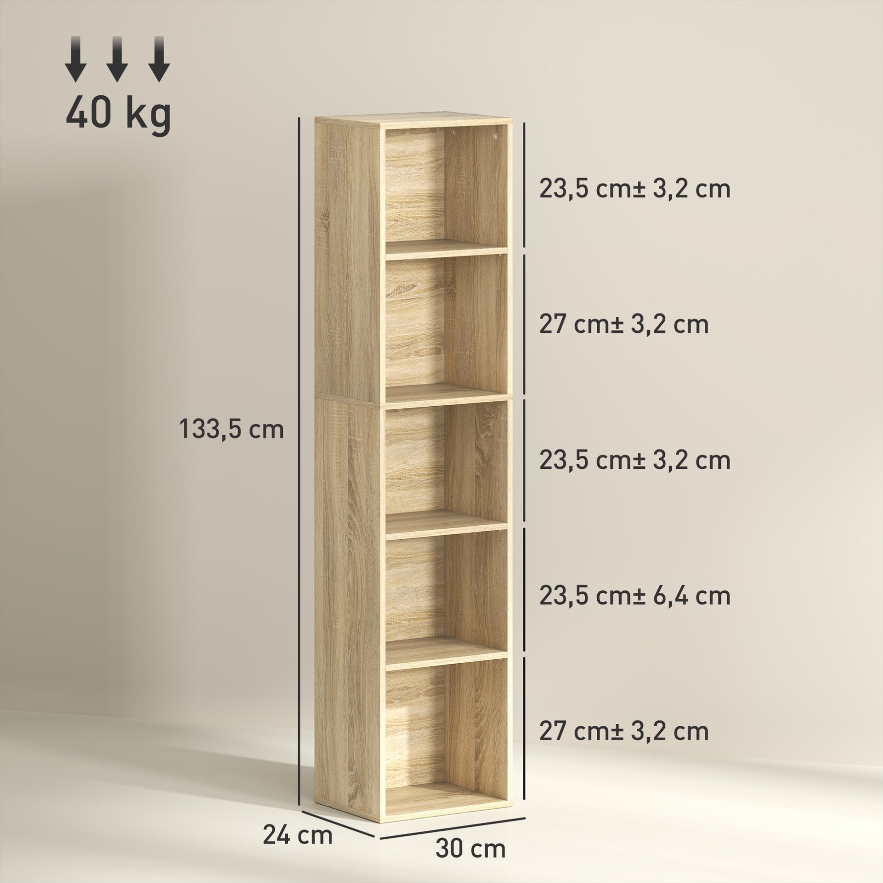 Bibliothèque étagère de rangement 5 niveaux avec étagères réglables pour salon, chambre, bureau, 30x24x133,5cm, naturel