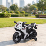 Moto Électrique Enfants sous Licence HONDA 6 V, 3 Km/h, Musique & Lumière, 2 Roues d'Entraînement, Blanc