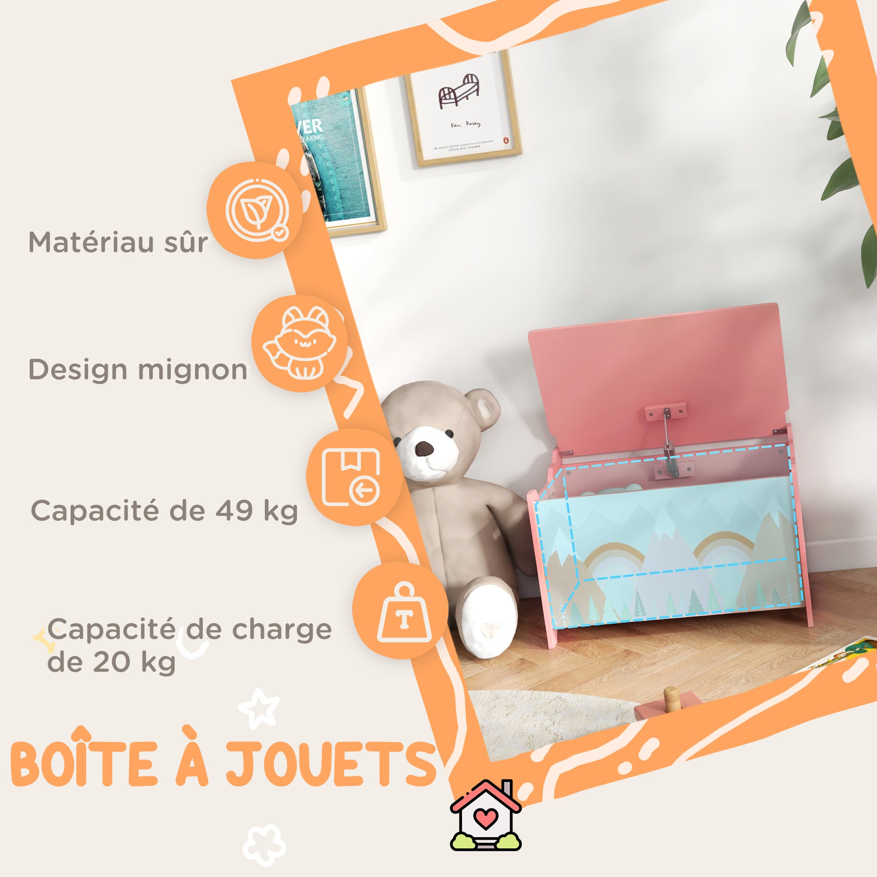 Coffre à jouet enfant coffre de rangement enfant couvercle rabattable motif de forêt coins arrondis 60 x 37 x 39 cm rose