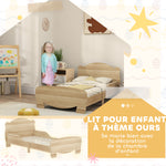 Lit enfant 70x140 cm avec barrières de sécurité thème d'ours pour garçons, filles, âgés de 3 à 6 ans, bois naturel