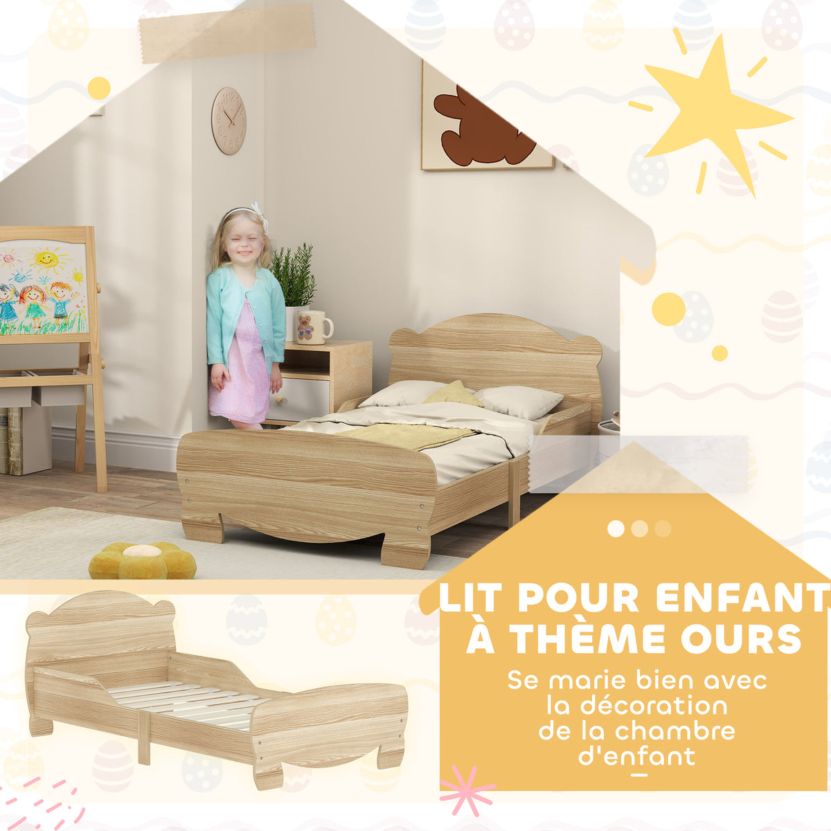 Lit enfant 70x140 cm avec barrières de sécurité thème d'ours pour garçons, filles, âgés de 3 à 6 ans, bois naturel