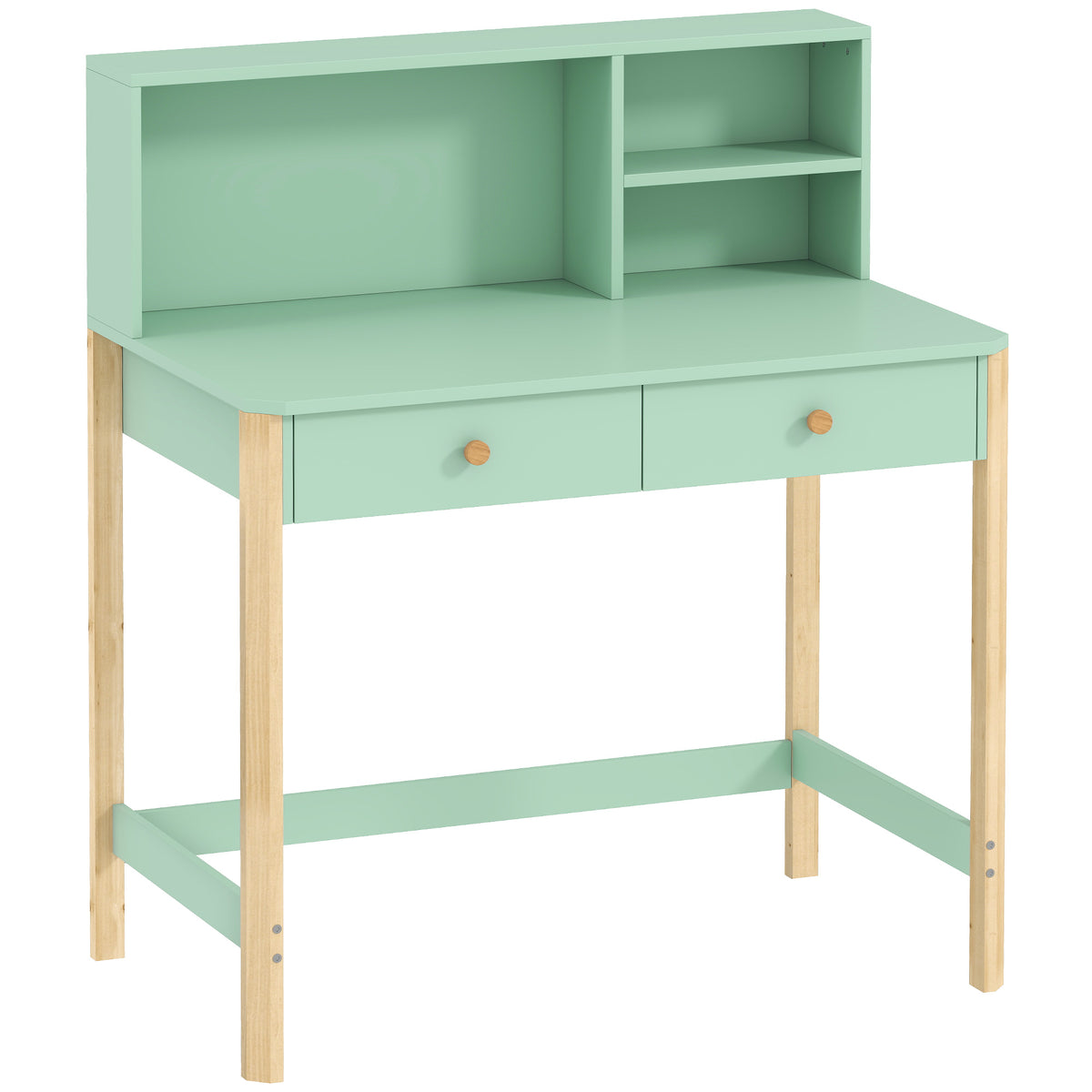 Bureau enfant en bois, bureau avec rangement, 2 tiroirs et 3 compartiments ouverts, plateau large, 90x52x105cm, vert