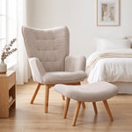Fauteuil avec repose pied, dossier haut, pieds en bois et tissu aspect velours côtelé, pour salon chambre à coucher beige