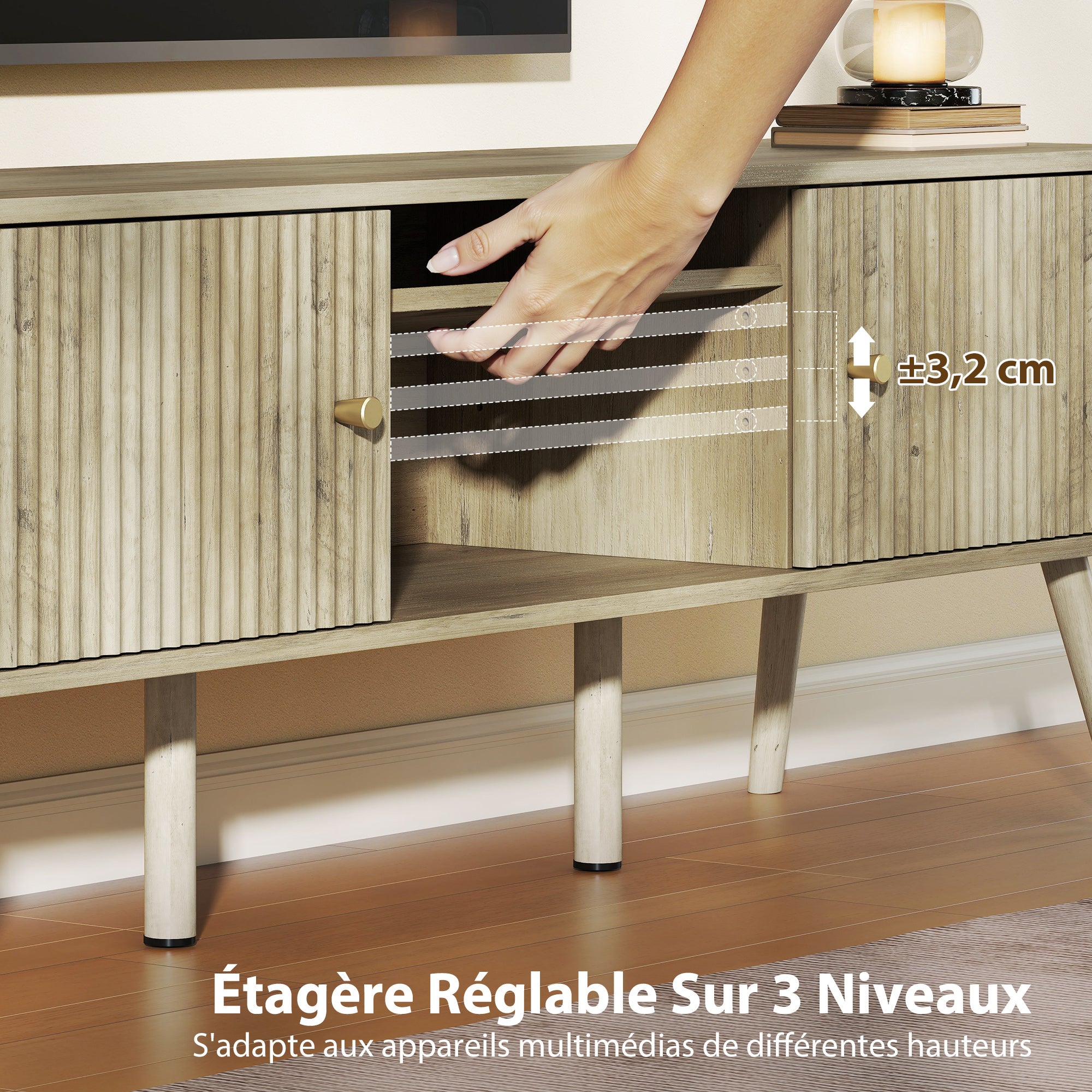Meuble TV, meuble télé jusqu'à 65 pouces avec 2 portes, 2 compartiments ouverts, étagère réglable, 140x35x49cm, chêne