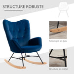 Fauteuil à Bascule, Rocking Chair, fauteuil allaitement confortable avec Structure en bois massif et métal pour Salon, Chambre, Balcon, Velours Bleu