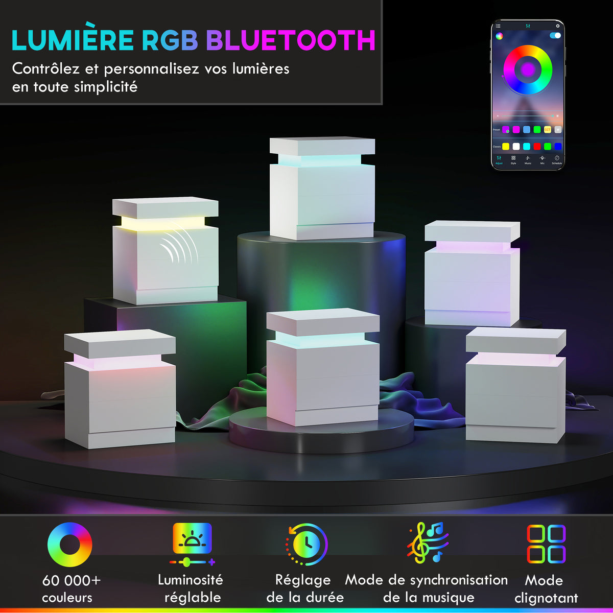 Table de chevet table de nuit lumière LED RVB panneau haute brillance avec 2 tiroirs pour salon chambre à coucher blanc