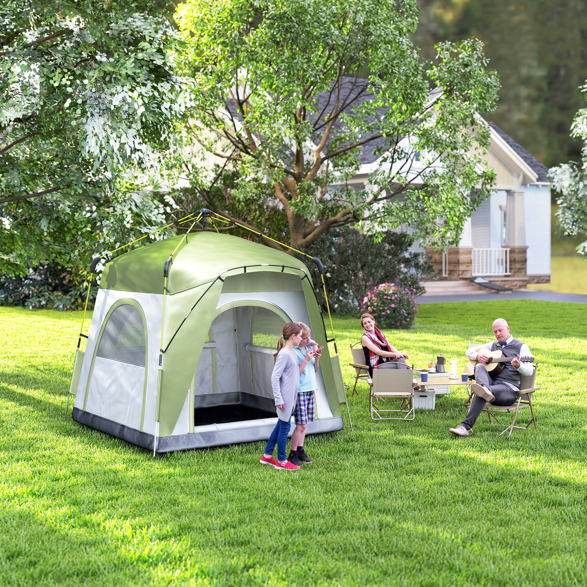 Tente de camping pop-up 3 personnes, dôme familiale avec 4 portes, 4 fenêtres et sac de transport – Vert et gris