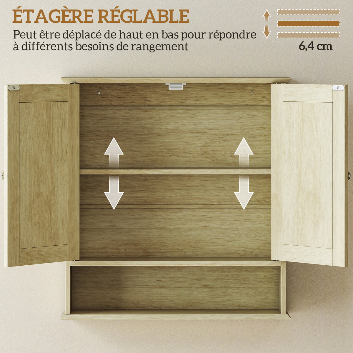 Armoire murale salle de bain avec miroir, 56 x 13 x 58 cm, meuble salle de bain avec Portes Miroir Doubles Bois Naturel