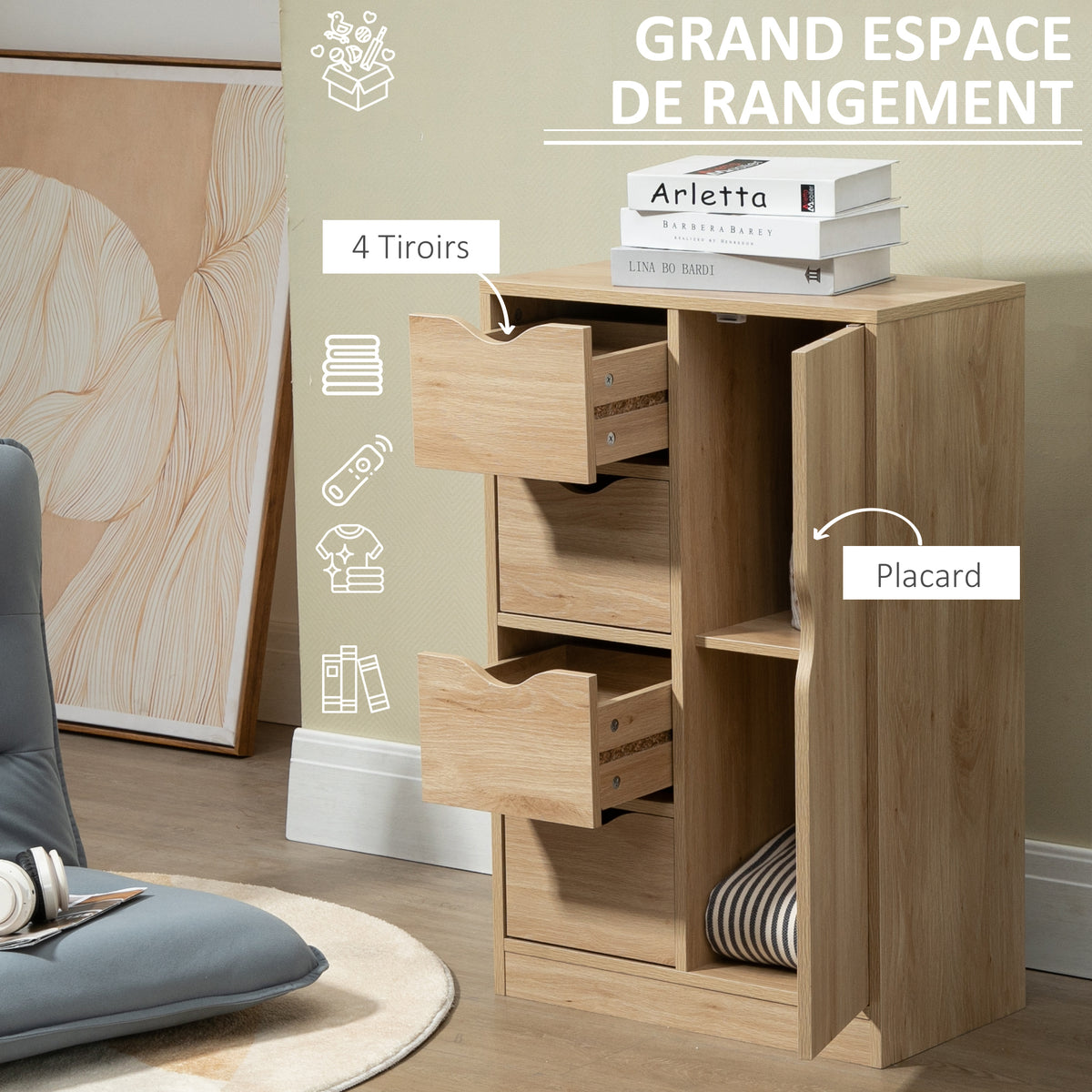 Mobile contenitore dispensa cassettiera moderno 1 anta e 4 cassetti - in legno - per soggiorno, cucina, ingresso, sala da pranzo - marrone