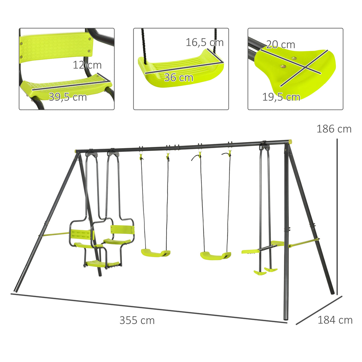 Balançoire 4 agrès portique avec balançoire - dim. 3,55L x 1,84l x 1,86H m métal époxy anticorrosion PE Gris