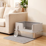Bac Litière pour Chat en INOX Couvercle Bords Hauts Pelle et Tapis Anti-Adhérent Anti-Odeurs 60x40x30cm Gris Clair