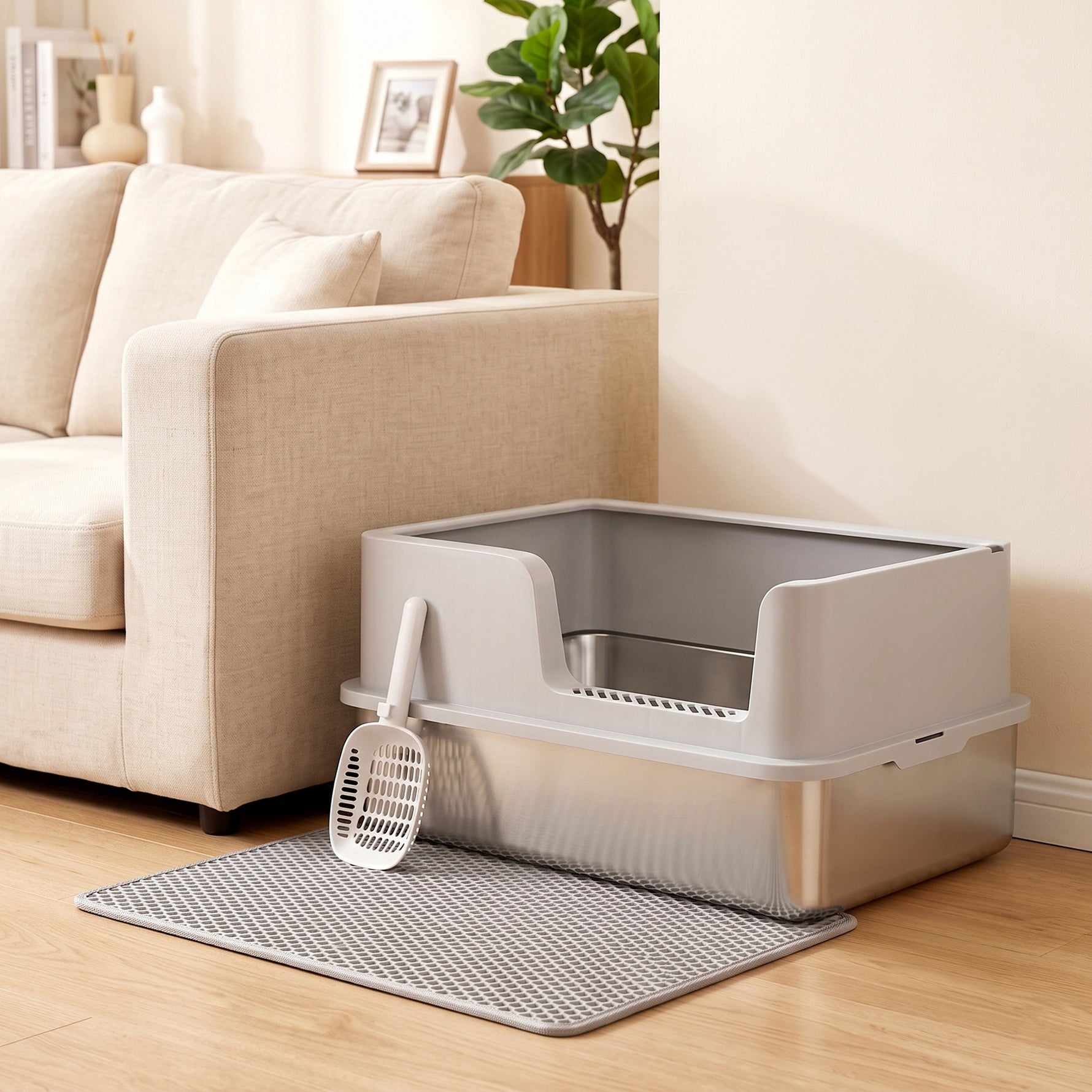 Bac Litière pour Chat en INOX Couvercle Bords Hauts Pelle et Tapis Anti-Adhérent Anti-Odeurs 60x40x30cm Gris Clair