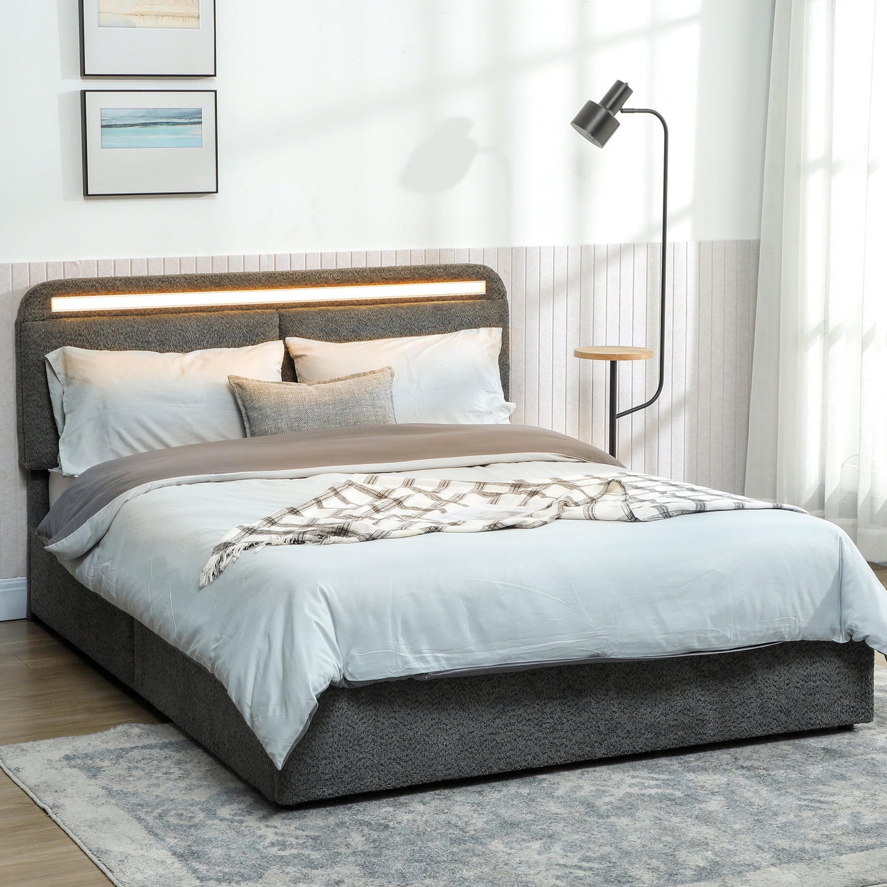 Lit coffre 140 x 190 cm avec éclairage LED, tête de lit réglable, cadre de lit double, sommier à lattes en bois, gris