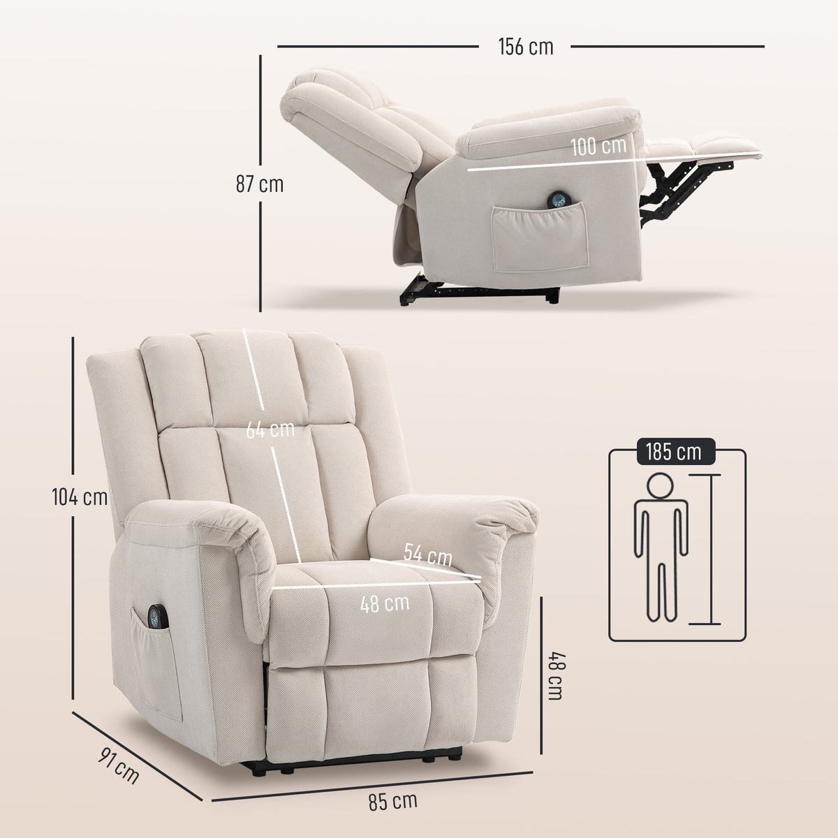 Fauteuil relax massant et chauffant, fauteuil inclinable, dossier réglable manuellement, 85x91x104cm, beige