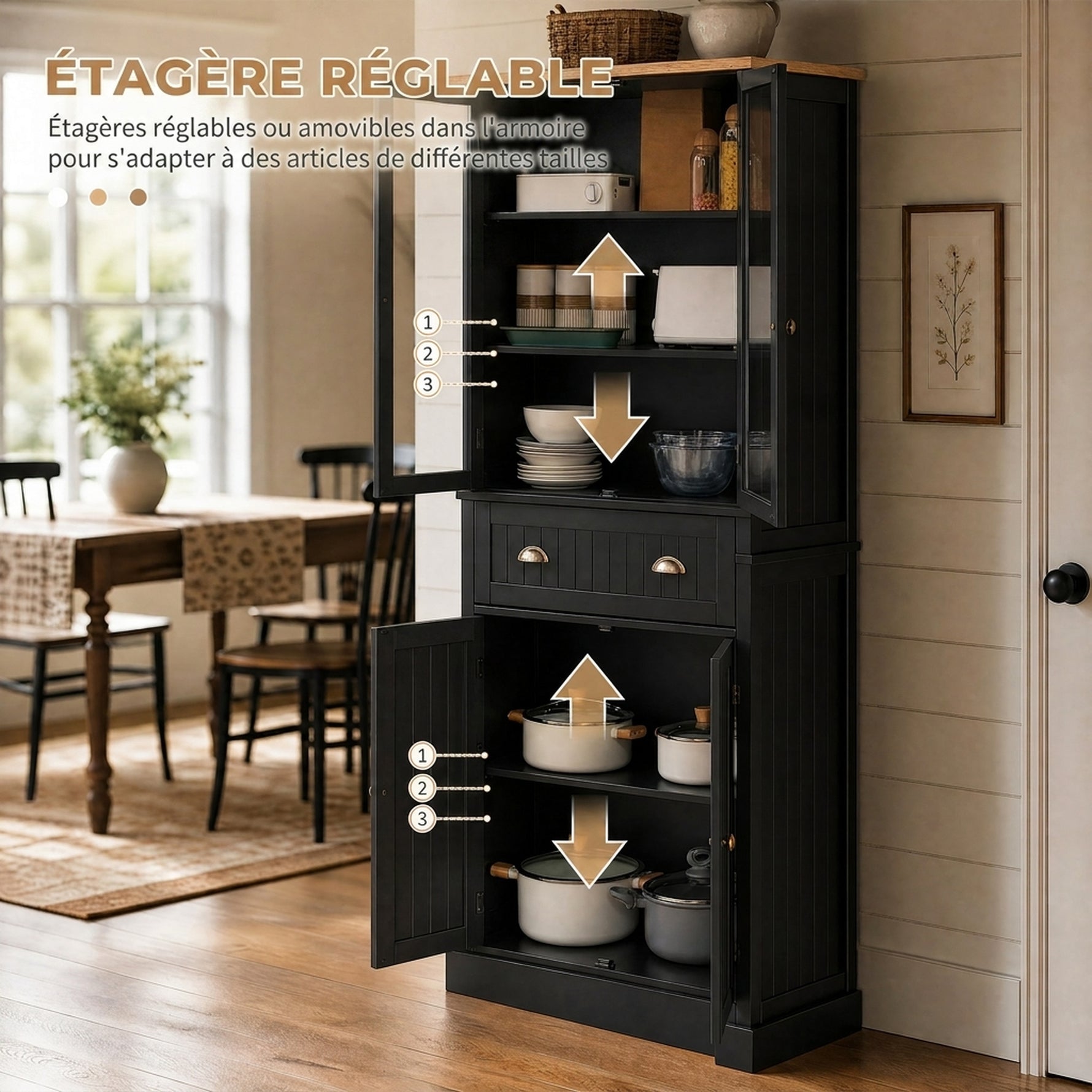 Buffet meuble cuisine rangement armoire de cuisine 4 portes dont 2 portes vitrées et 1 tiroir étagères réglables - noir