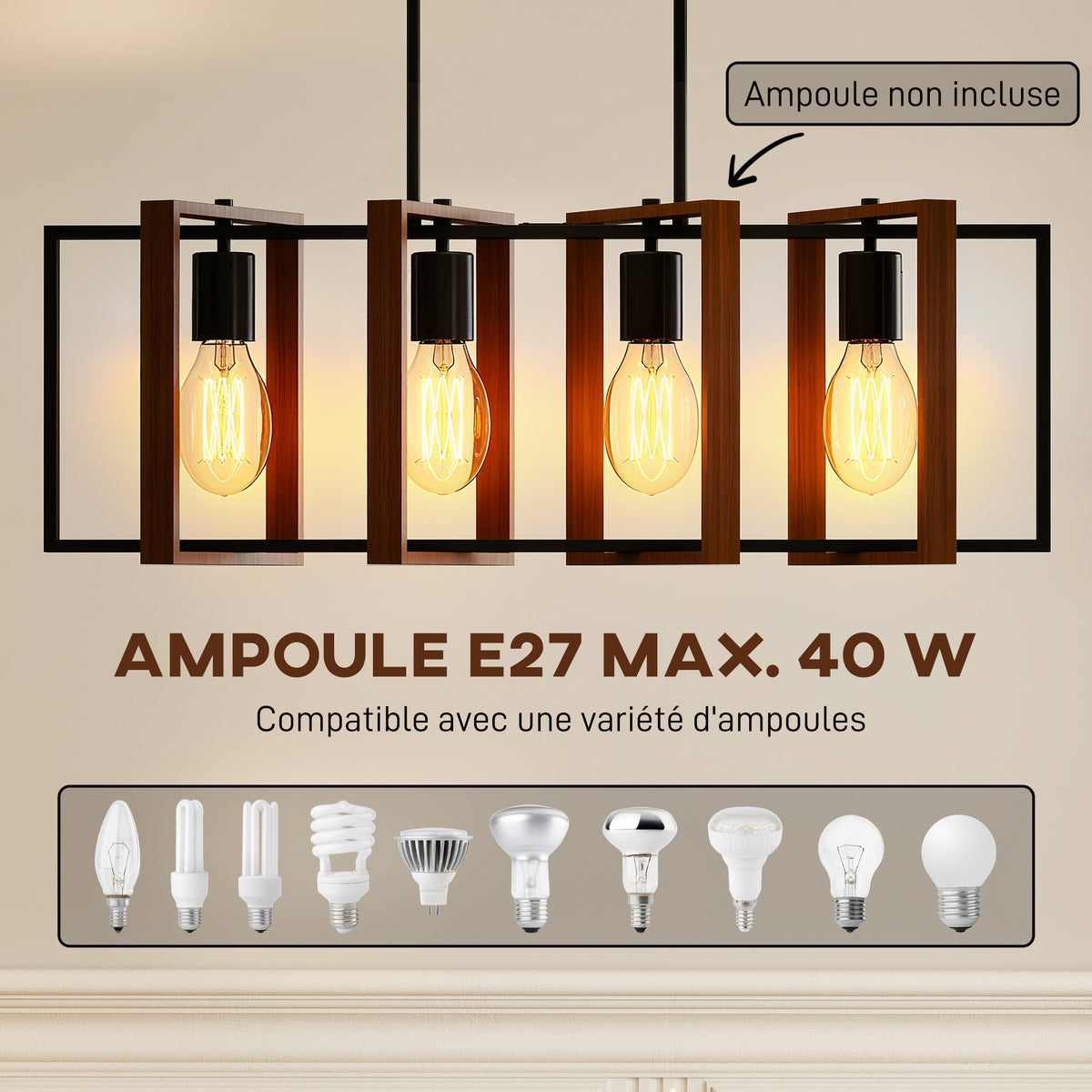 Suspension luminaire moderne, lustre plafonnier avec 4 cadres rotatifs et hauteur réglable, 80 x 21 x 90-130 cm, noyer