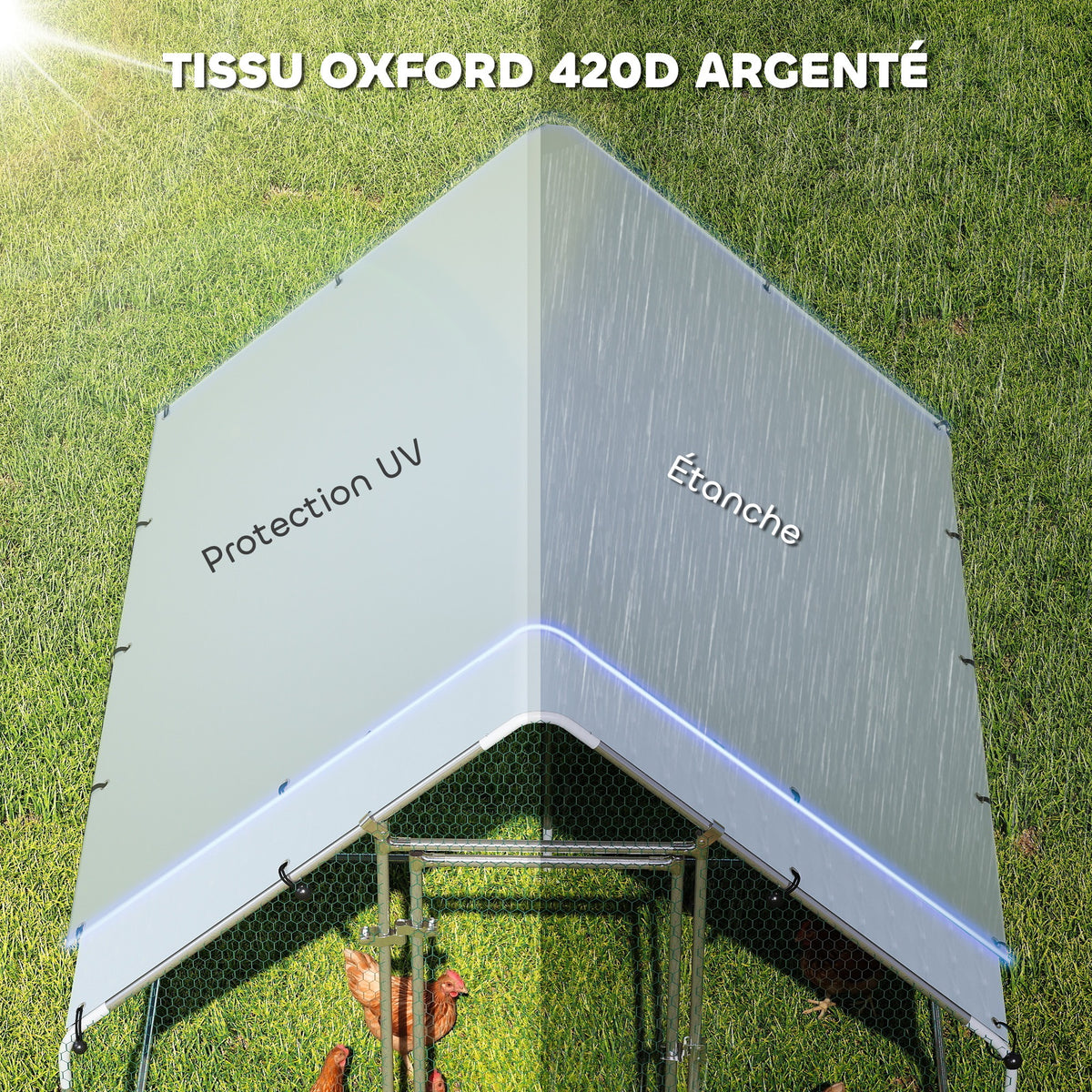 Enclos poulailler extérieur 4 m², parc grillagé - acier galvanisé Ø19mm - bâche Oxford 420D anti-UV 200x200x200cm argent