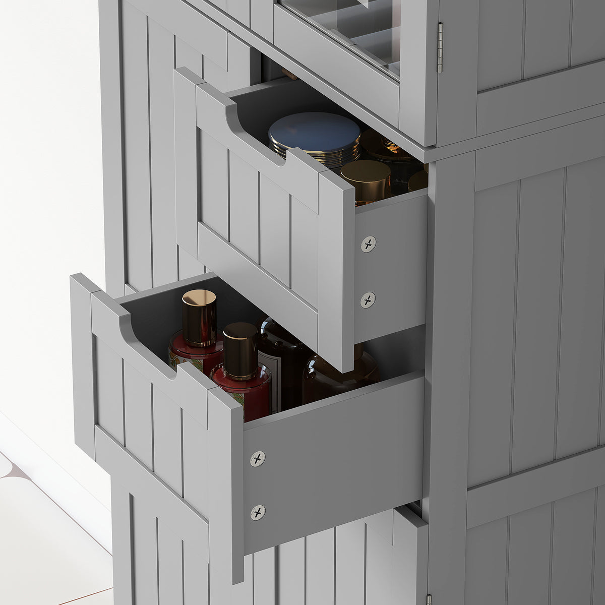 Meuble de salle de bain haut, meuble de rangement avec 4 portes dont 2 vitrées, 2 tiroirs et étagères réglables, gris