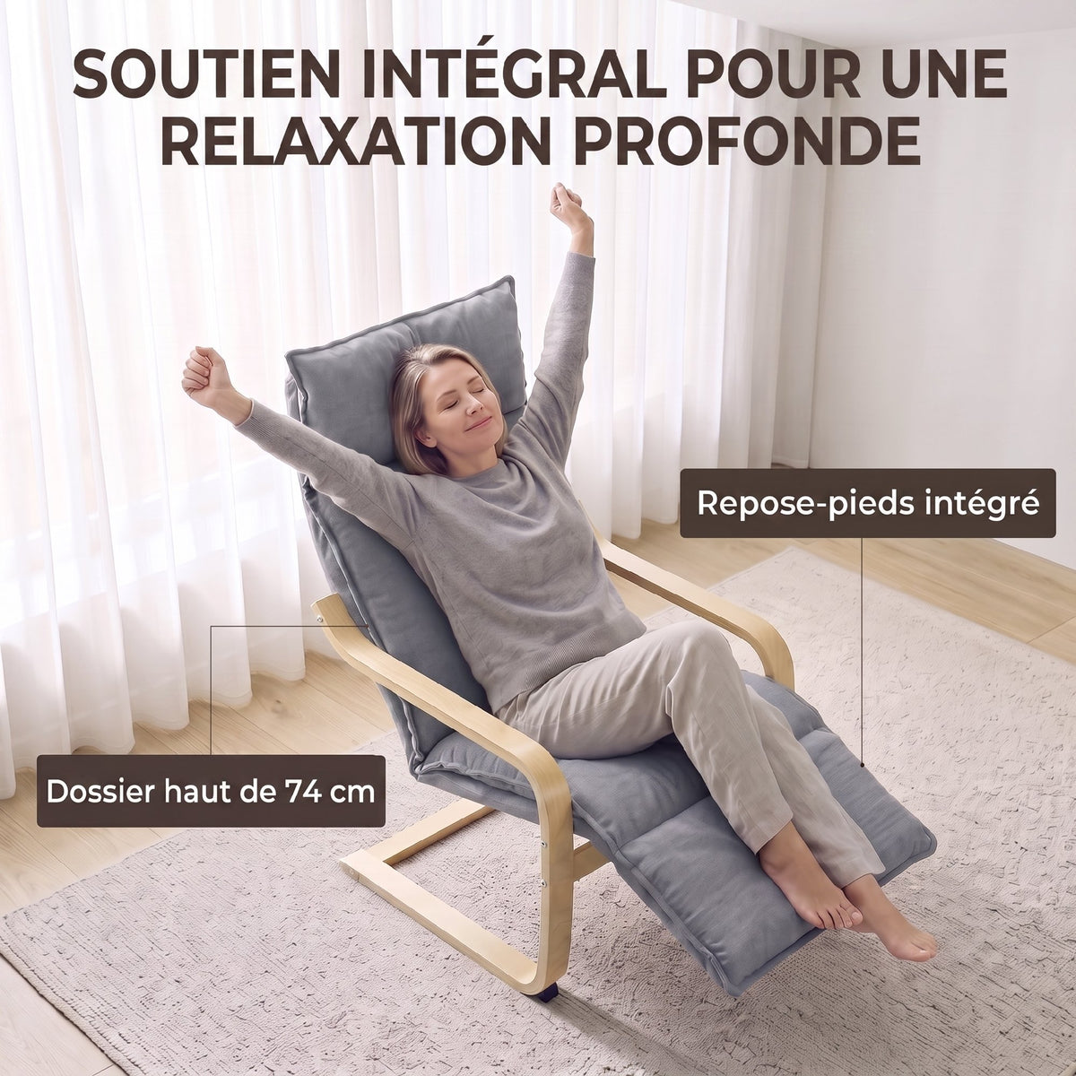 Fauteuil Salon, Fauteuil d'Appoint Rembourré en Lin avec Repose-Pieds, Assise Large, Bascule Douce, Dossier Haut, Gris