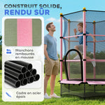 Trampoline Enfant Ø 1,40 × 1,90H m Filet de sécurité Porte zipée Couvre-Ressorts 6 poteaux rembourrés Inclus Rose