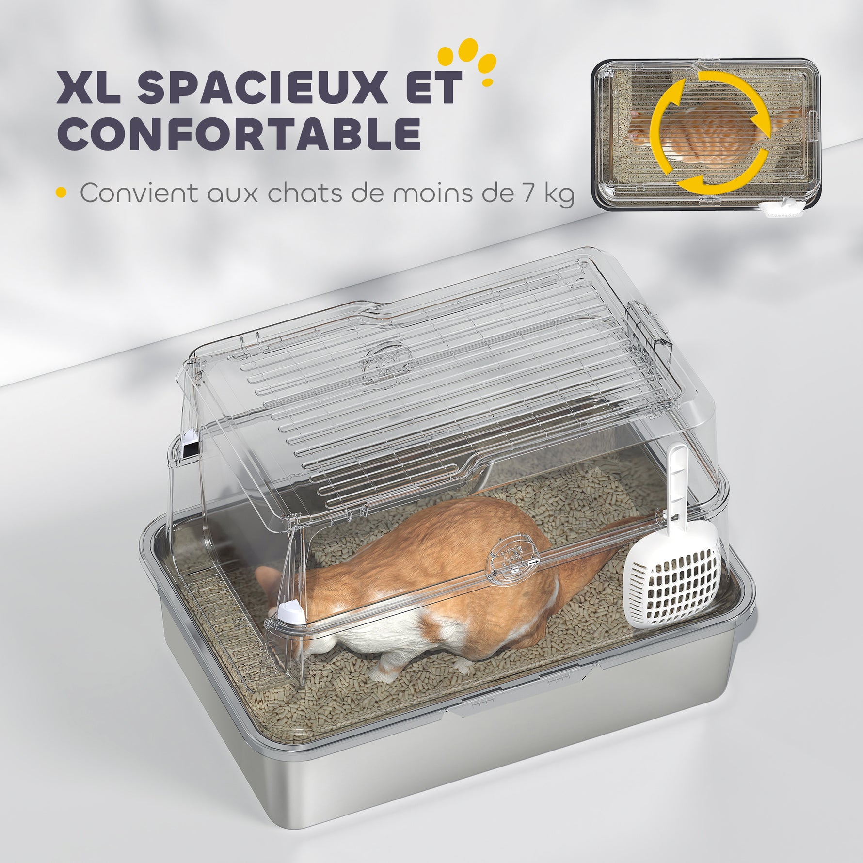 Bac à litière fermé XL en acier inoxydable, maison de toilette pour grand chat, 60,2 x 40,2 x 43,3 cm, gris clair