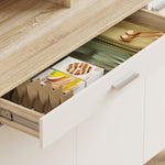 Buffet haut cuisine, armoire de cuisine, 6 portes, tiroir et étagères ouvertes, 120x40x175cm, blanc et bois naturel