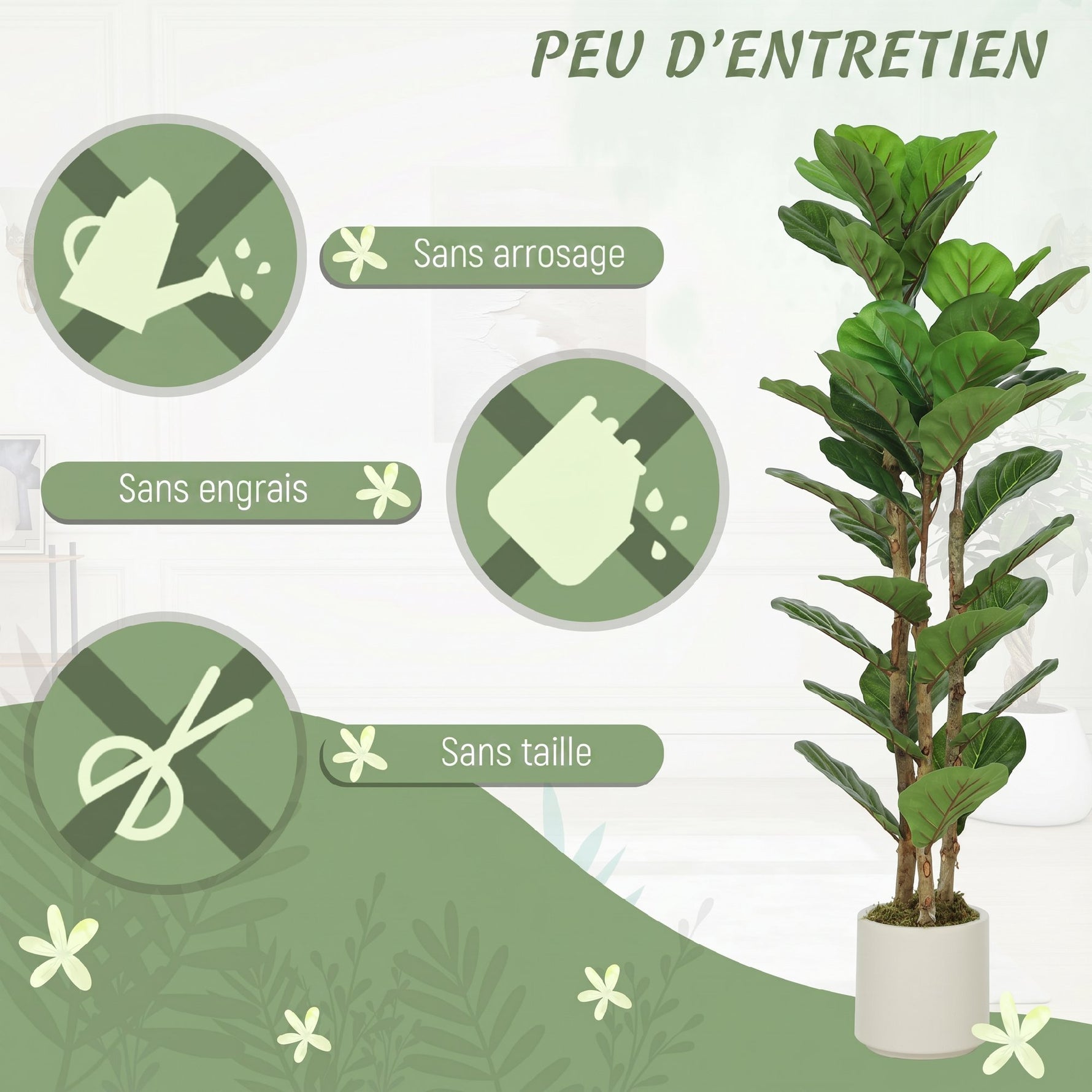 Lot de 2 plantes artificielles 120 cm Figuier lyre arbre artificiel avec pot en plastique et tronc en bois massif, vert
