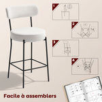 Lot de 2 tabourets de bar en tissu bouclette, chaises de bar avec dossier courbé, repose-pieds, 49x52x95cm, crème