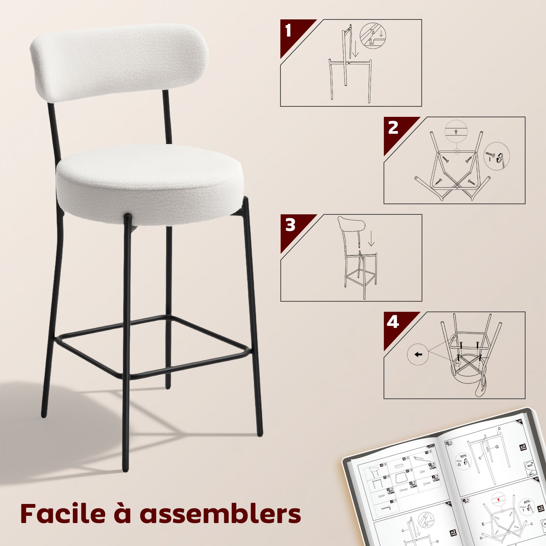 Lot de 2 tabourets de bar en tissu bouclette, chaises de bar avec dossier courbé, repose-pieds, 49x52x95cm, crème