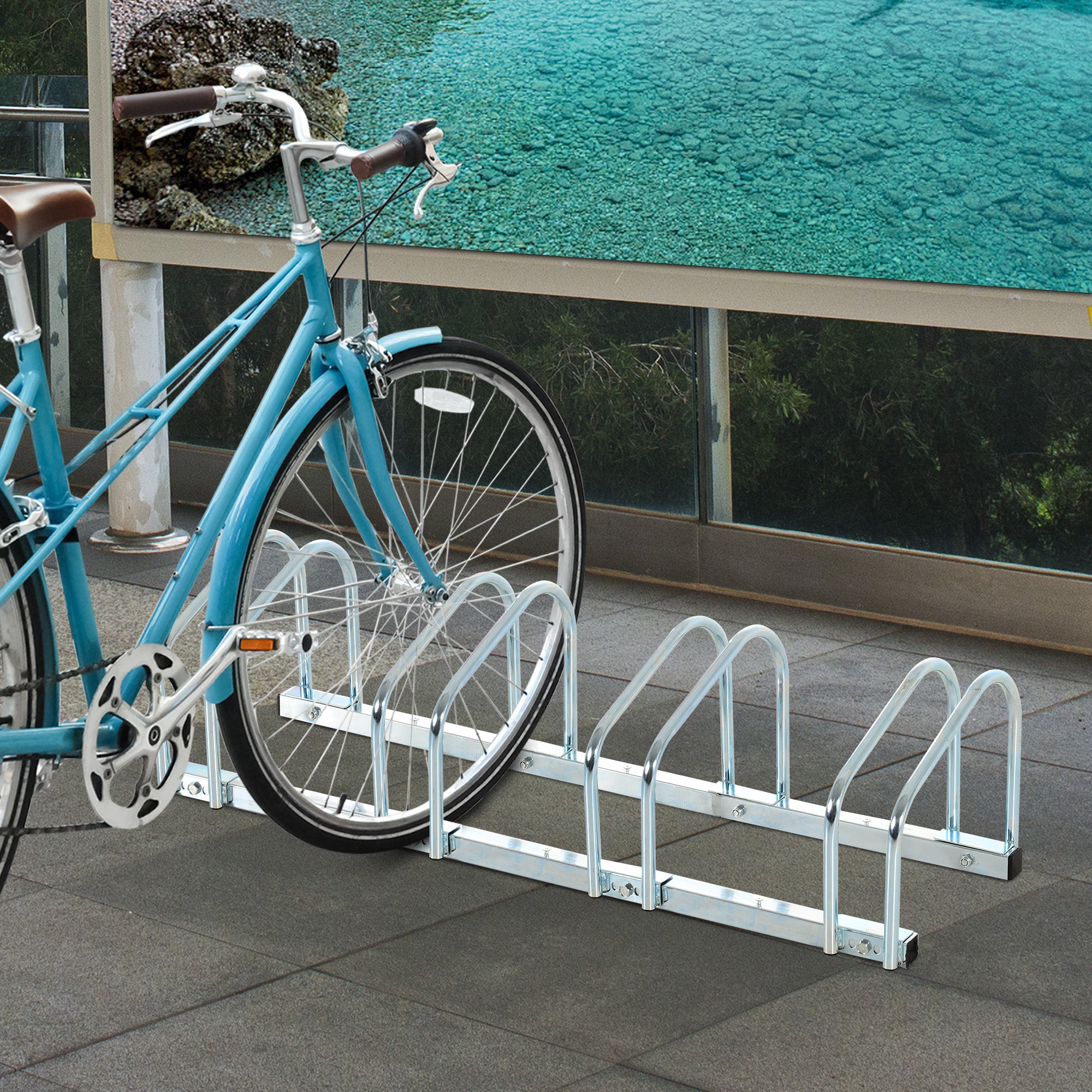 Portabici per 5 biciclette, supporto per pneumatici da 65 mm, da terra o da parete, per MTB, biciclette per bambini e BMX, 145 x 33 x 27 cm, acciaio argento