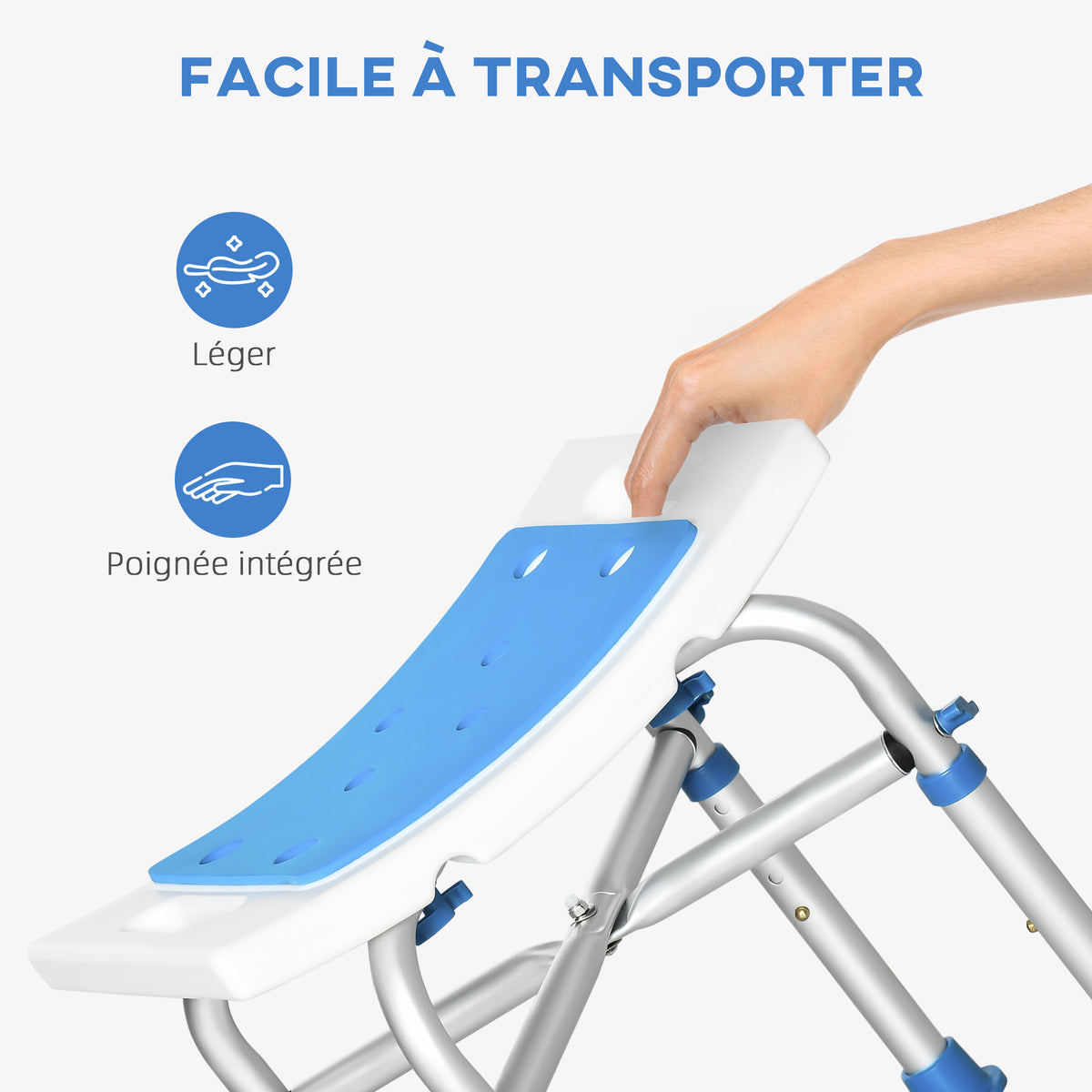 Tabouret de douche chaise de douche - assise rembourré et réglable, patins à ventouses antidérapants, en aluminium bleu