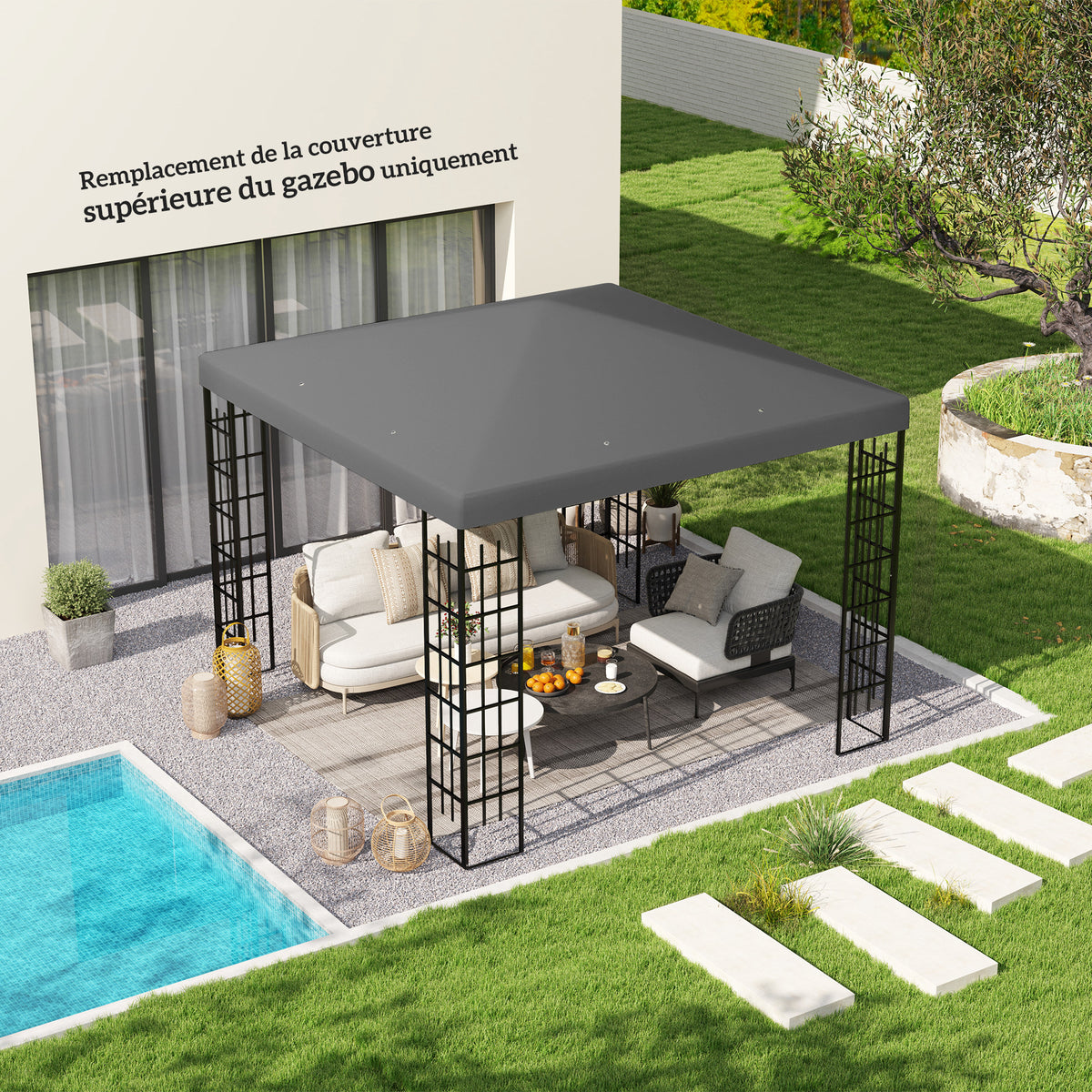Toile de rechange pour pavillon toile de tonnelle trous de drainage protection solaire UPF30+ 3 x 3 m gris foncé