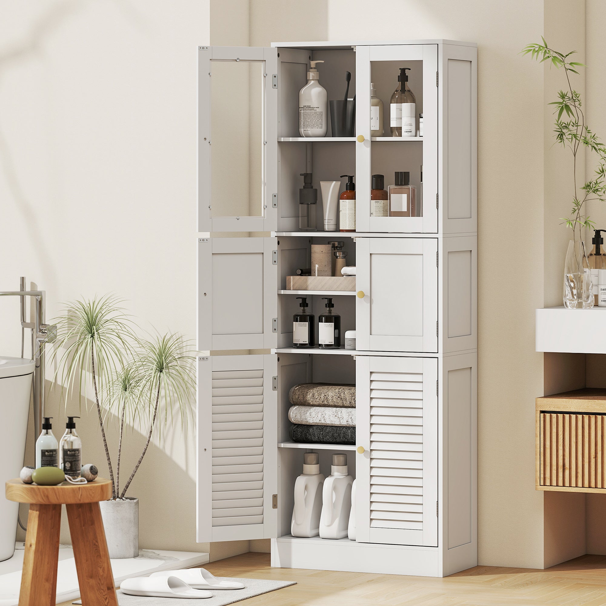 Meuble de salle de bain haut, meuble de rangement avec 6 portes dont 2 vitrées et 2 persiennes, étagère réglable, blanc