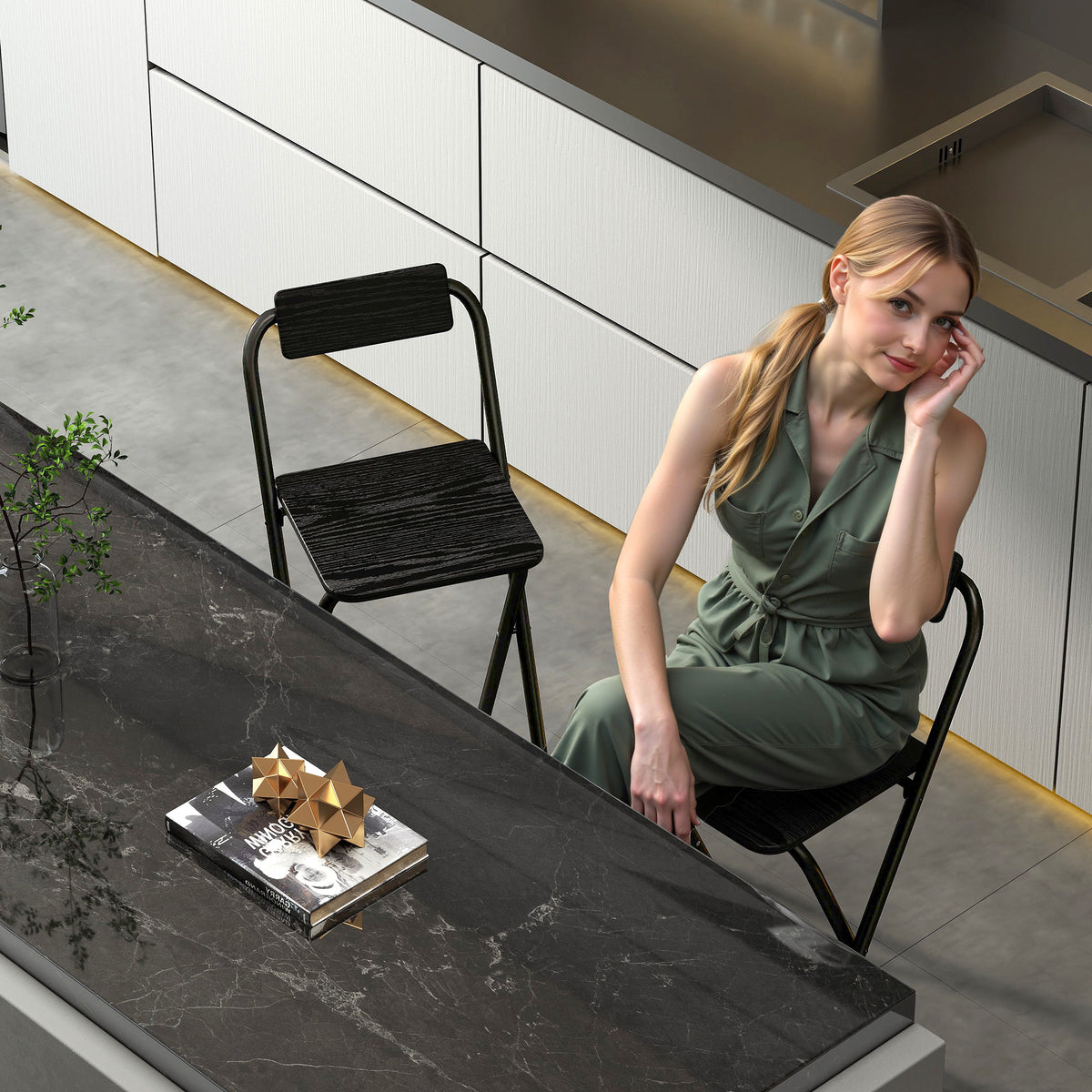 Lot de 2 tabourets de bar pliables avec dossier et repose-pieds, cadre en acier, 87 cm de haut, noir