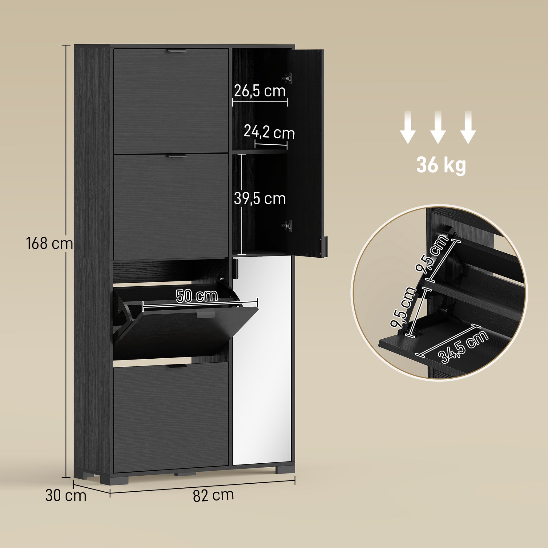 Meuble à chaussures 16 paires armoire à chaussures 4 tiroirs rabattables 2 portes en miroir étagères réglables noir