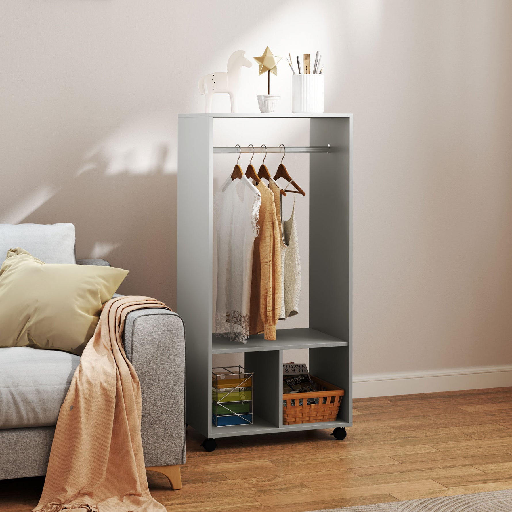 Armoire penderie étagère 2 niches penderie 4 roulettes pivotantes dim. 60L x 40l x 128H cm gris