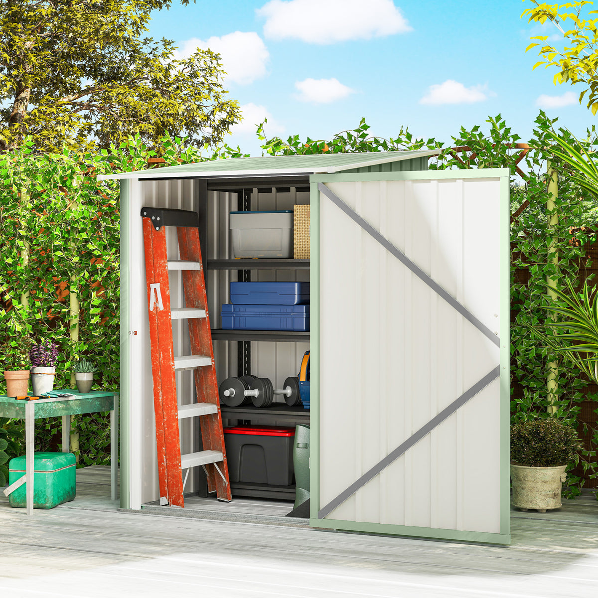 Abri de Jardin en Métal 1m², Tôle Ondulée, Toit Incliné, Porte Verrouillable, 100x103x160cm, Vert Clair
