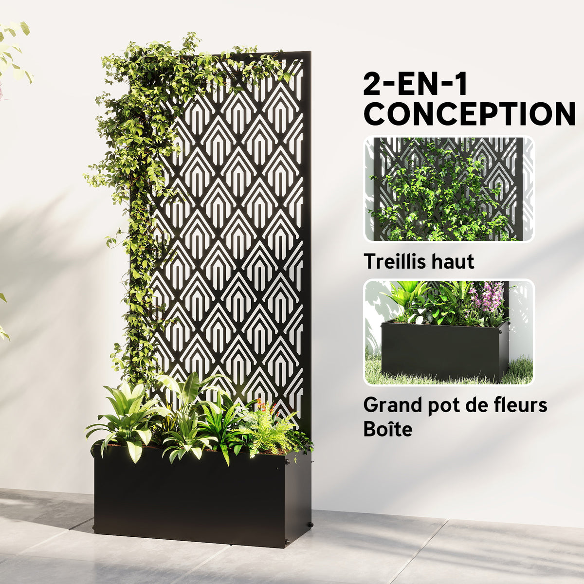 Jardinière avec treillis, bac à fleurs, avec brise-vue, pour plantes grimpantes, métal, 45 x 21,5 x 110 cm, noir