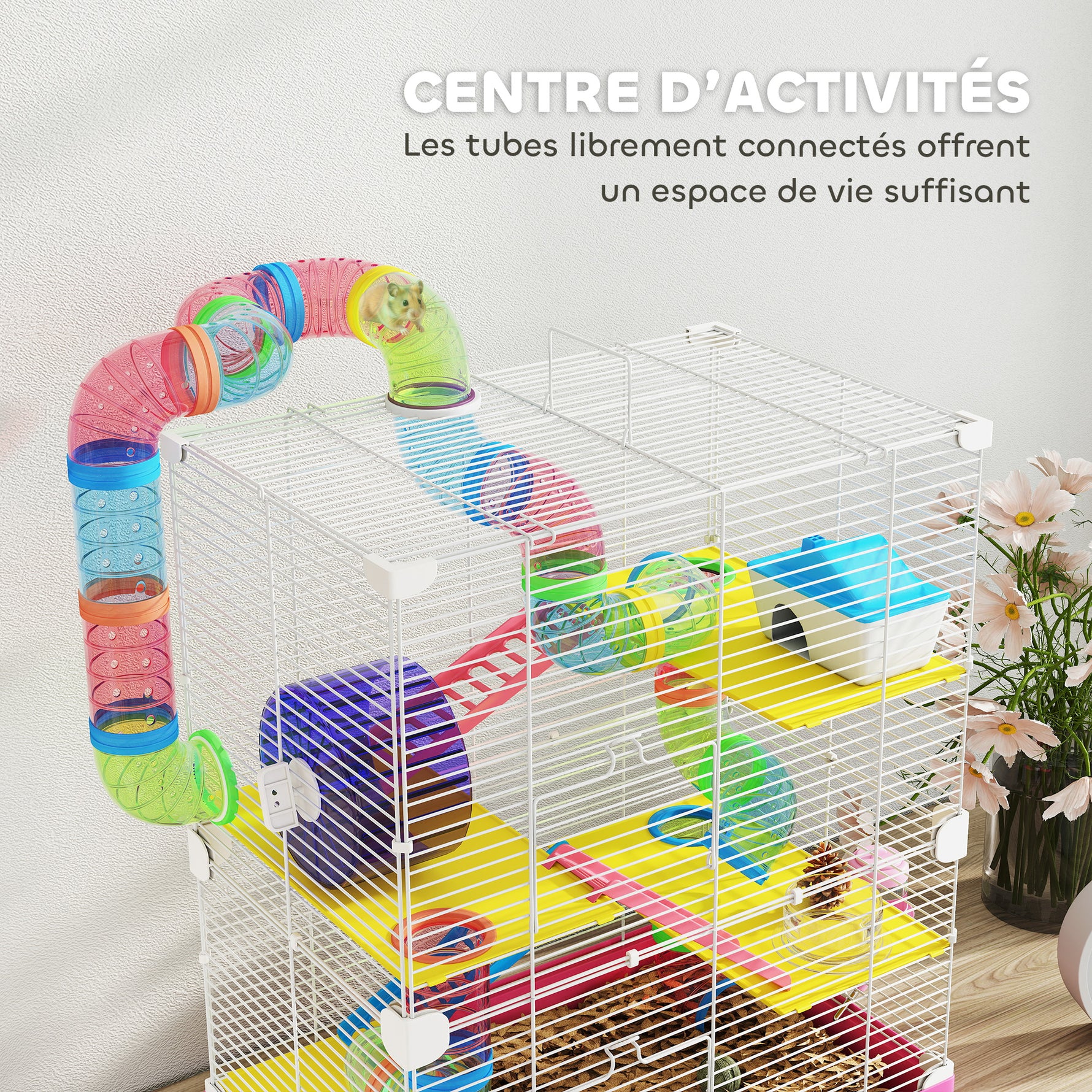 Cage pour Hamster Rongeur 5 Étages avec Tunnels, Mangeoire, Roue, Maison, Échelles, 46 x 30 x 58 cm, Rose