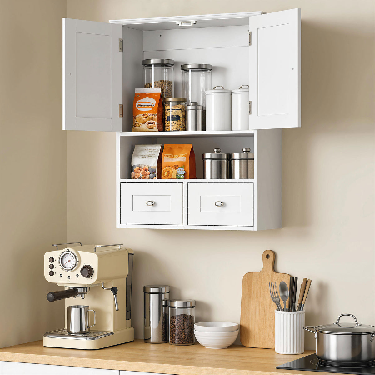 Armoire murale de salle de bain, armoire de toilette, avec portes, étagère, 2 tiroirs, 50,8l x 17,8P x 66H cm, blanc